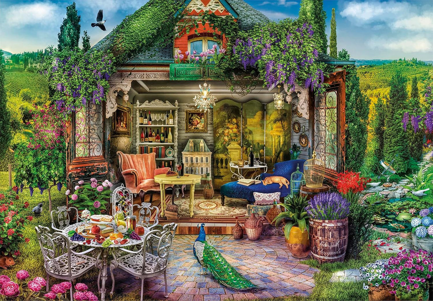 A vibrant, cutaway house blends indoor & outdoor. A peacock stands on a patio, a cat sleeps inside, surrounded by lush gardens and distant vineyards
