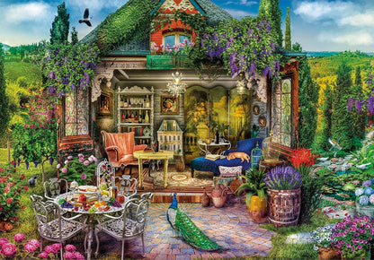 A vibrant, cutaway house blends indoor & outdoor. A peacock stands on a patio, a cat sleeps inside, surrounded by lush gardens and distant vineyards