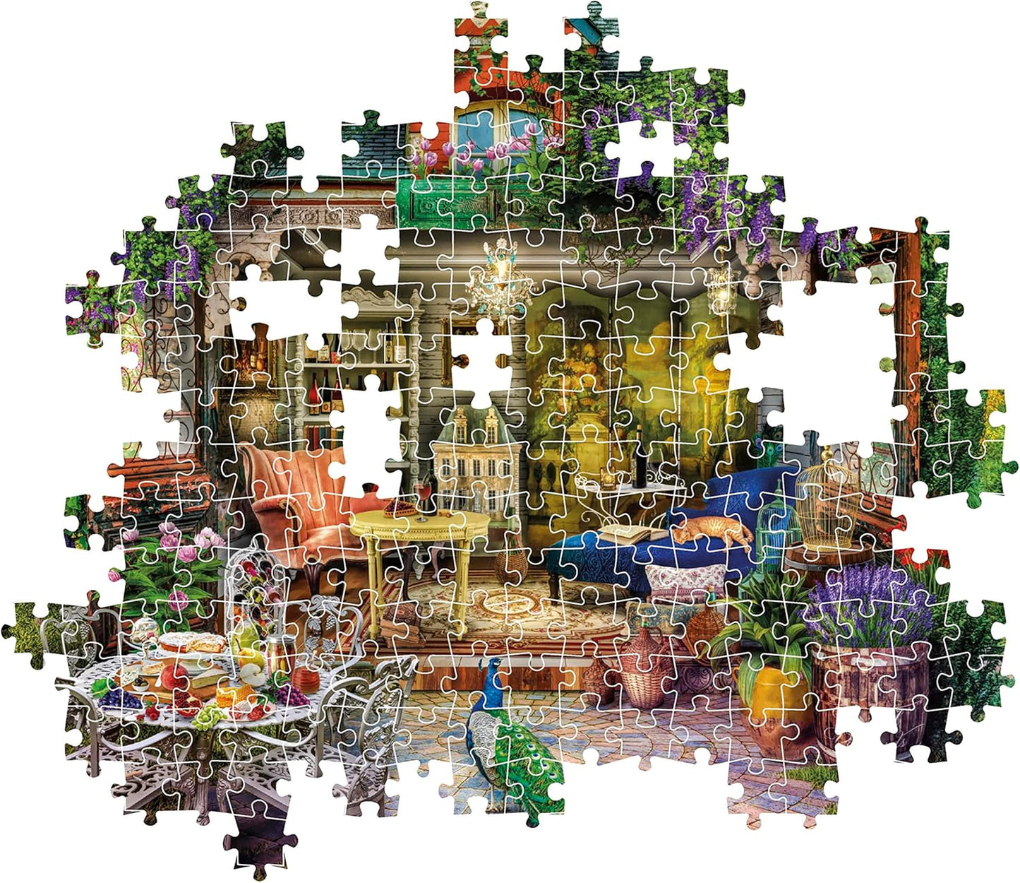 Incomplete jigsaw puzzle depicting a rich interior seamlessly blending into a vibrant garden with flowers, a cat, and a peacock