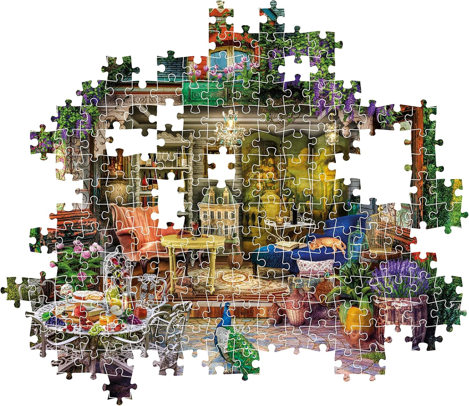 Incomplete jigsaw puzzle depicting a rich interior seamlessly blending into a vibrant garden with flowers, a cat, and a peacock