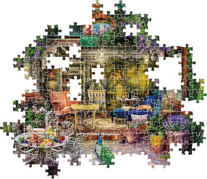 Incomplete jigsaw puzzle depicting a rich interior seamlessly blending into a vibrant garden with flowers, a cat, and a peacock