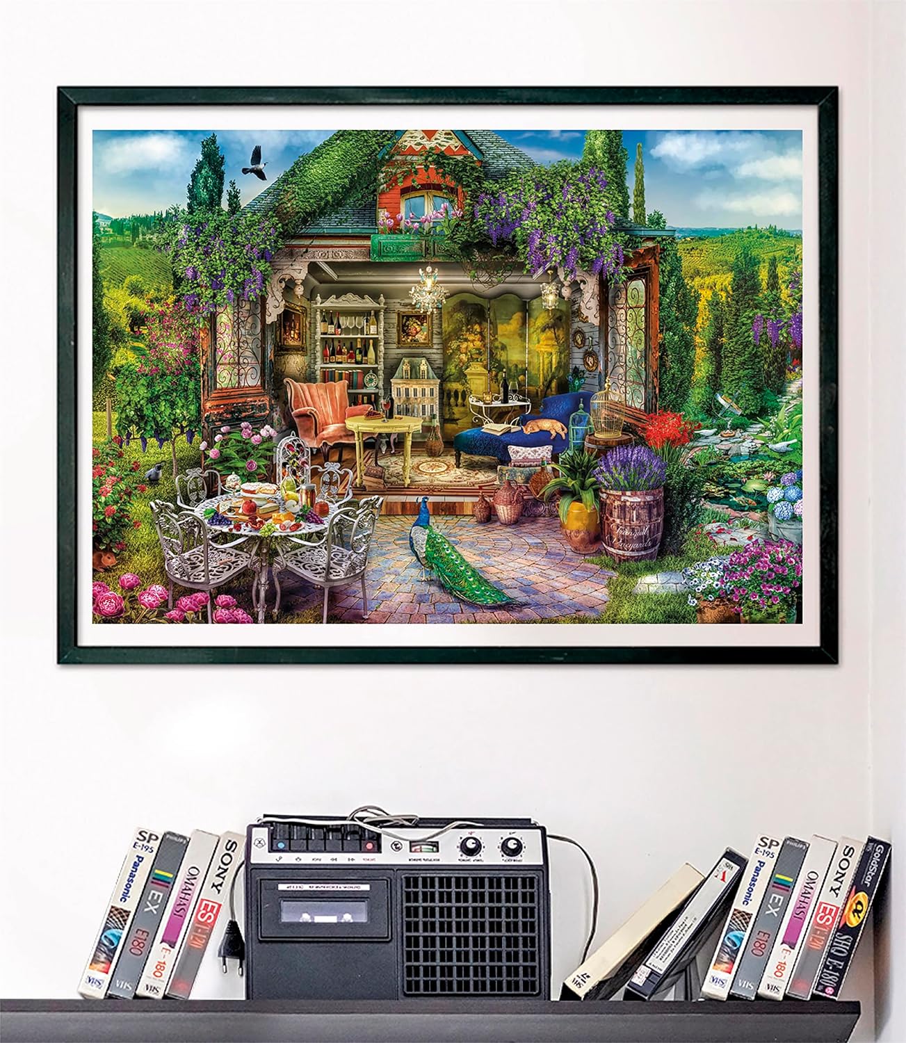 Vibrant painting of an overgrown cottage with its interior exposed, set in a lush garden featuring a peacock and outdoor dining