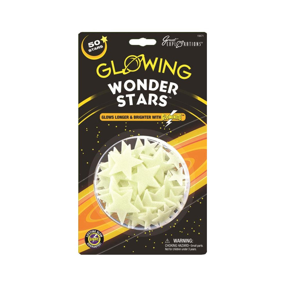 Package of 50 glow-in-the-dark plastic stars, labeled "Glowing Wonder Stars."