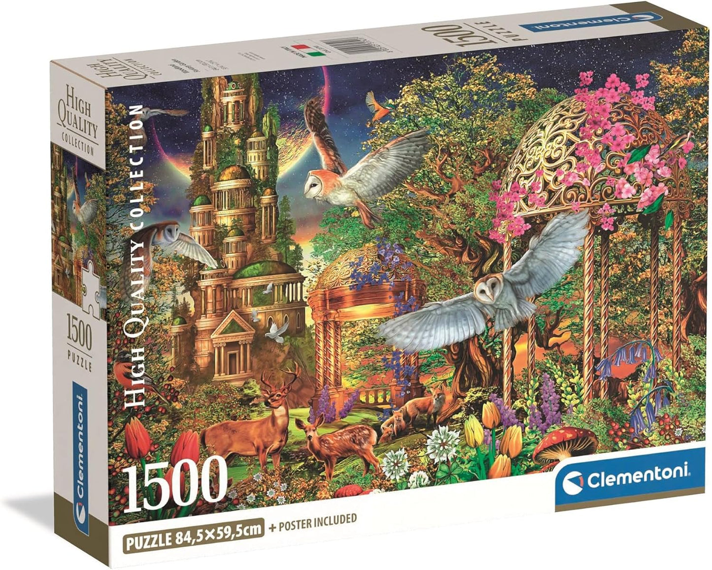 Clementoni High Quality Collection 1500-piece puzzle box: Fantastical scene of a lush forest with flying owls, deer, and an ornate castle