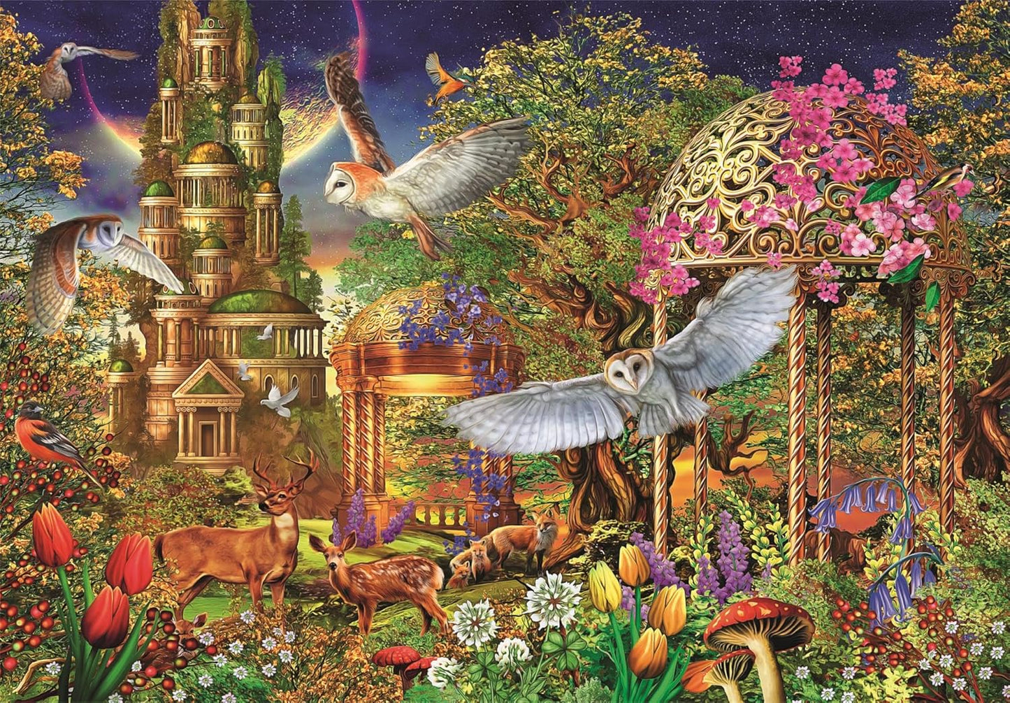 Owls fly over an enchanted forest with a fantasy castle, golden gazebos, deer, colorful flowers, and a rainbow sky