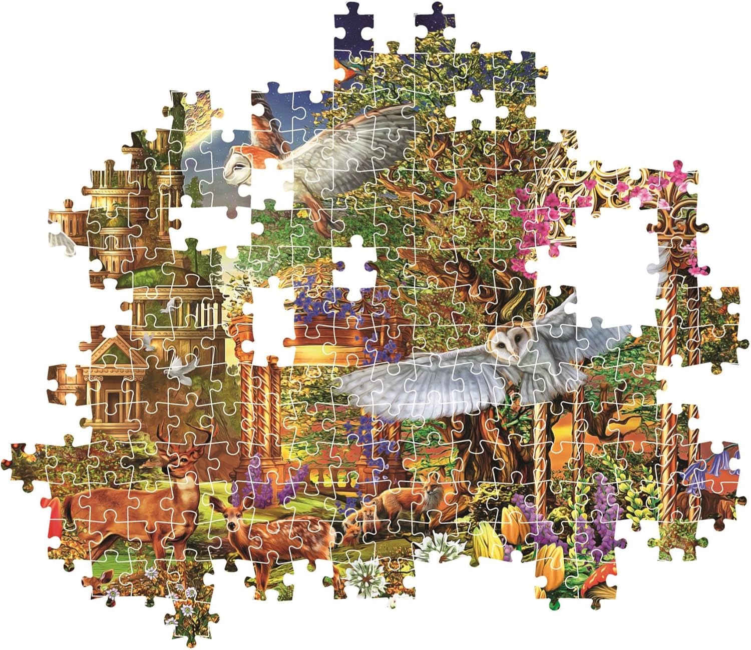 Unfinished jigsaw puzzle depicting a fantastical forest with two flying owls, deer, and ancient ruins