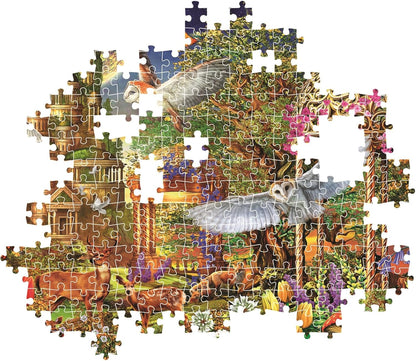 Unfinished jigsaw puzzle depicting a fantastical forest with two flying owls, deer, and ancient ruins