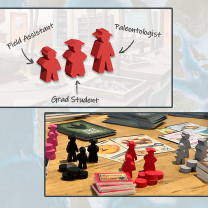 Top: Red board game meeples labeled Field Assistant, Grad Student, Paleontologist, Bottom: A tabletop paleontology game in play