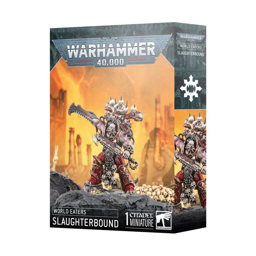 Warhammer 40K World Eaters Slaughterbound miniature: a red-armored, skull-adorned warrior with a chain-axe