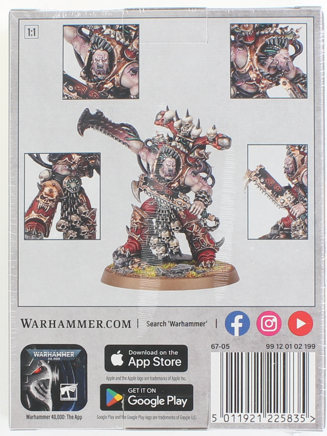 Warhammer 40k miniature, heavily armored in red and bronze, holding a raised chainaxe