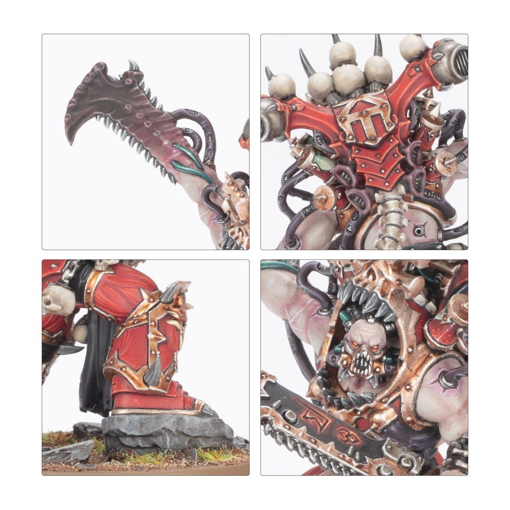 Grotesque, red and gold armored monster miniature with a skull face and large serrated chainblade weapon, shown in multiple close-up views