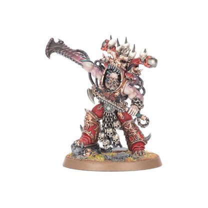 A highly detailed miniature of a mutated, red-armored Chaos Space Marine covered in skulls, wielding a serrated blade