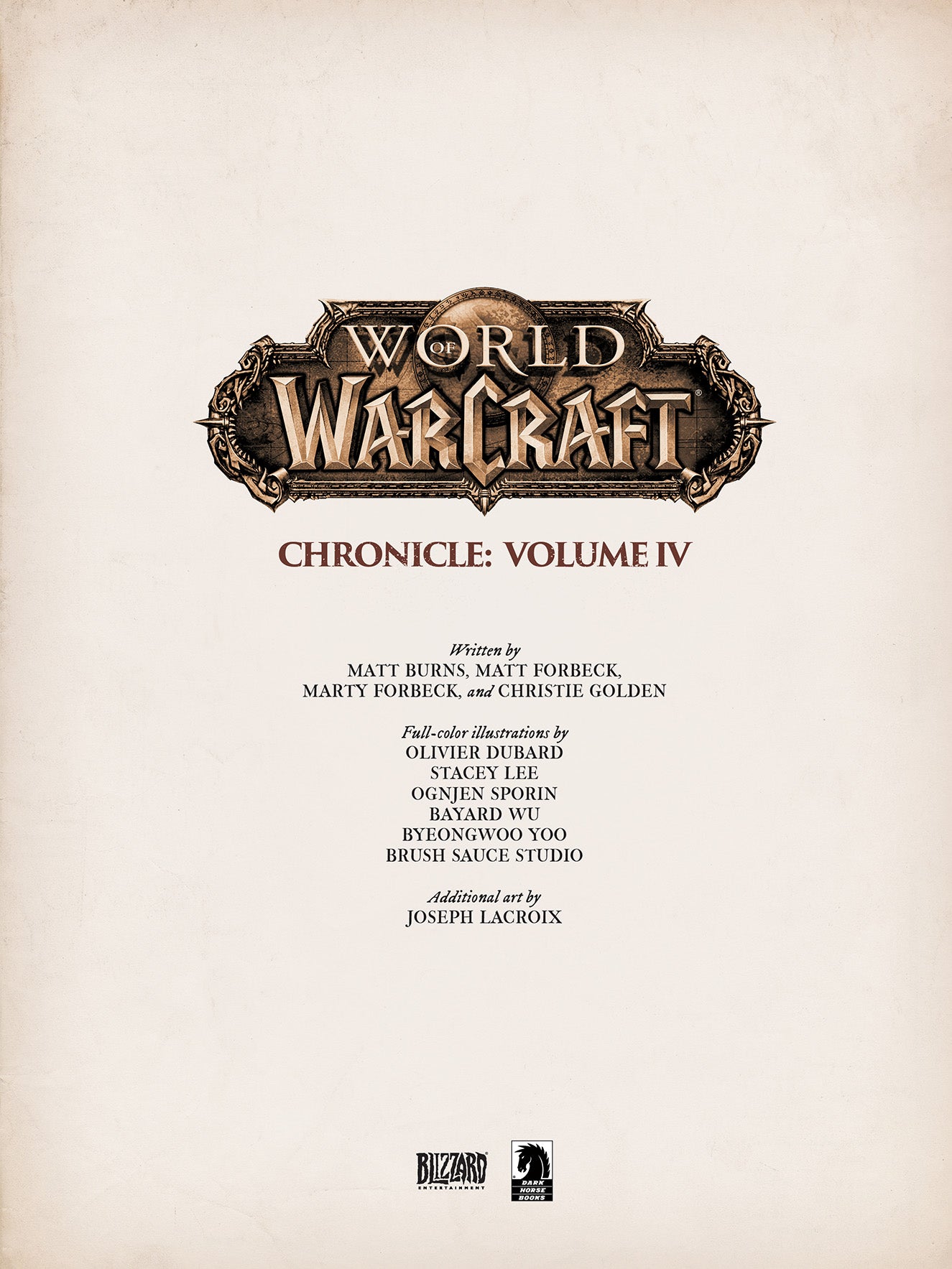 World of Warcraft Chronicle: Volume IV title page, with the ornate game logo and contributor list