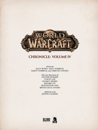 World of Warcraft Chronicle: Volume IV title page, with the ornate game logo and contributor list
