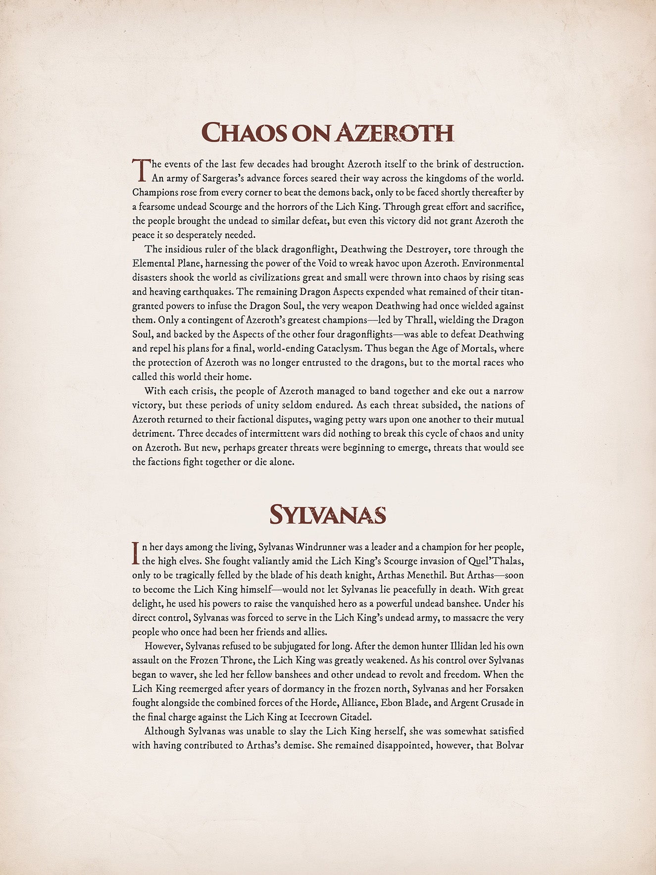 A page of text with two headings: "Chaos on Azeroth" and "Sylvanas."
