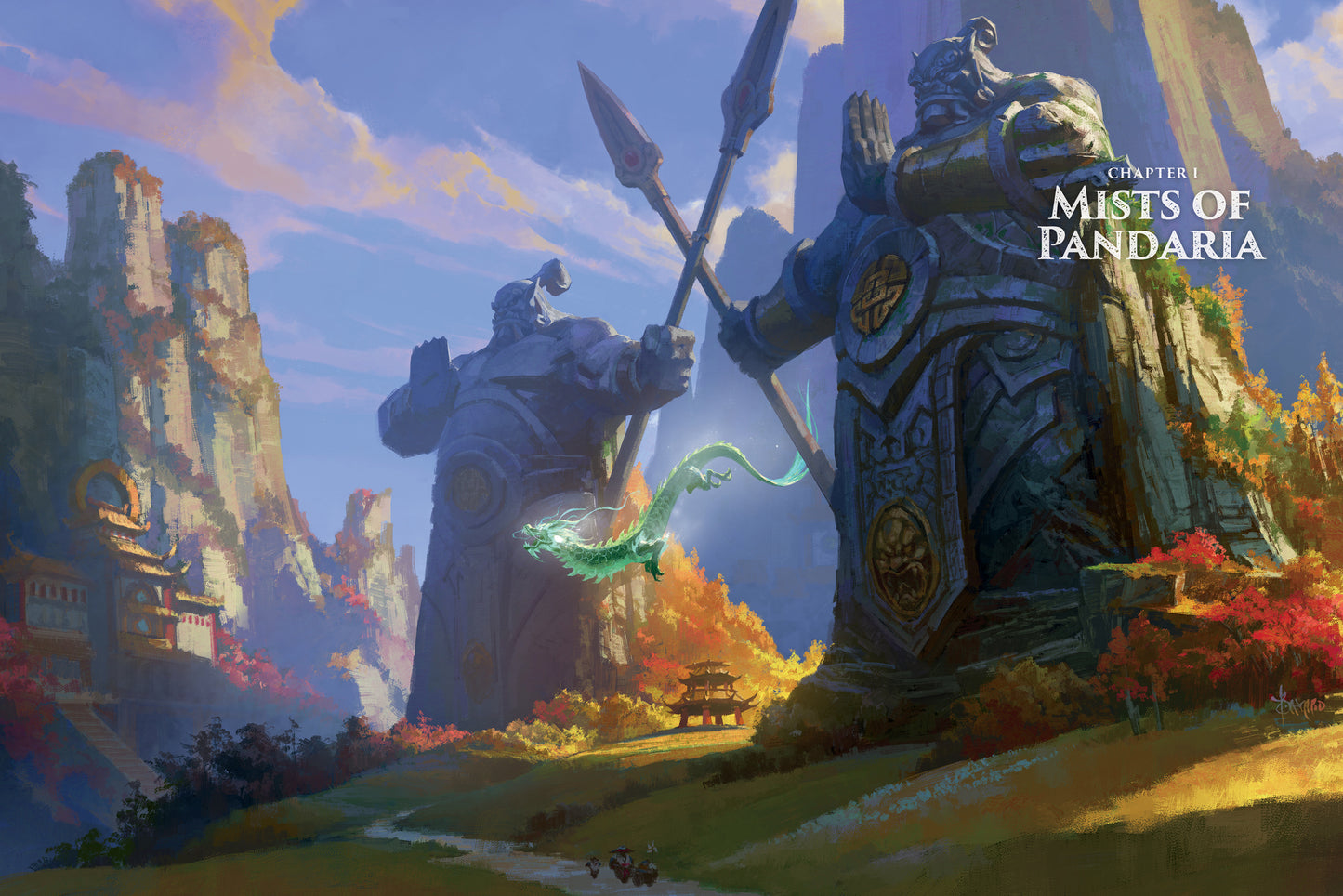 Two giant statues guard a glowing green cloud serpent flying above autumn mountains and temples. Mists of Pandaria