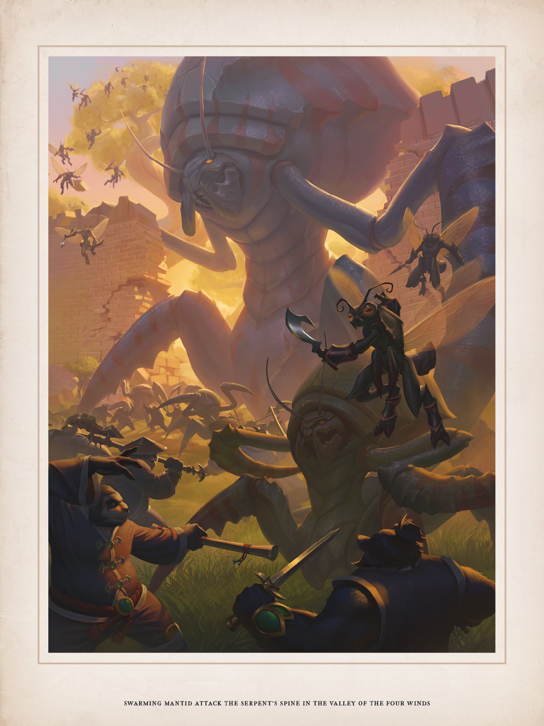 Colossal mantid and a swarm of insectoids attack warriors at the Serpent's Spine in a sunset-lit valley