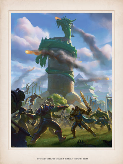 Alliance and Horde warriors battle fiercely below a dragon-wrapped tower firing cannons at Serpent's Heart