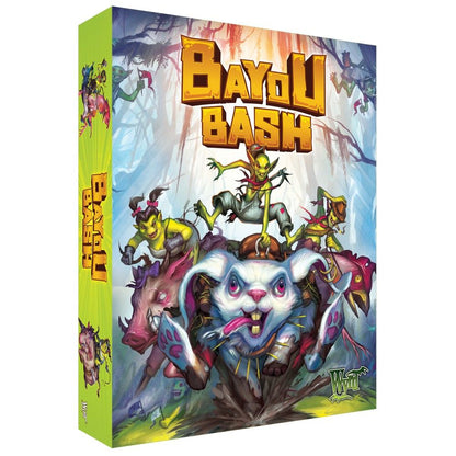 Bayou Bash board game box art: a white rabbit, goblins, and other creatures in a lively, chaotic swamp race