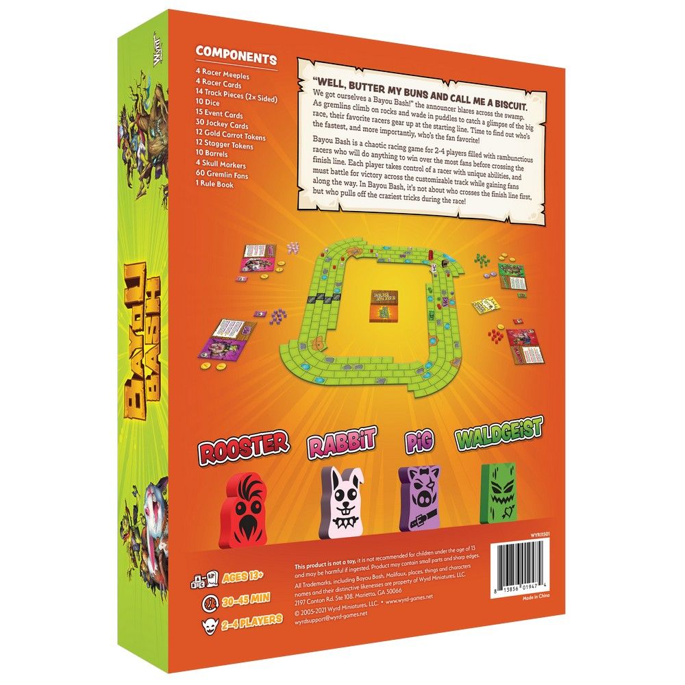 Back of Bayou Bash board game box: green track game board, character meeples (rooster, rabbit, pig, monster), and game info