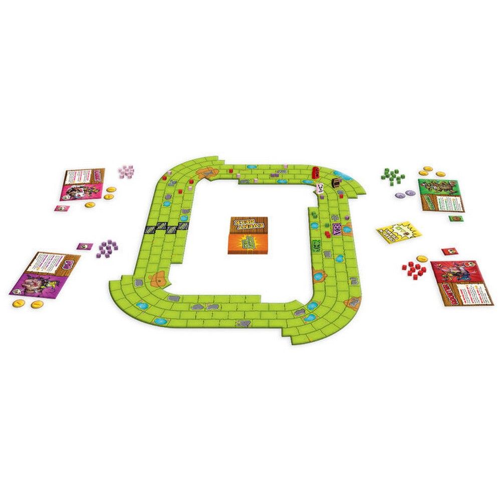 A vibrant board game setup on a white surface, featuring a green square track, cards, and various colorful tokens