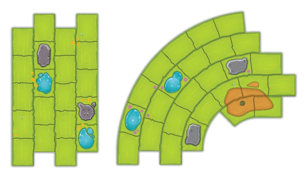 Two modular green game board sections, one straight and one curved, featuring rocks, ponds, and dirt patches