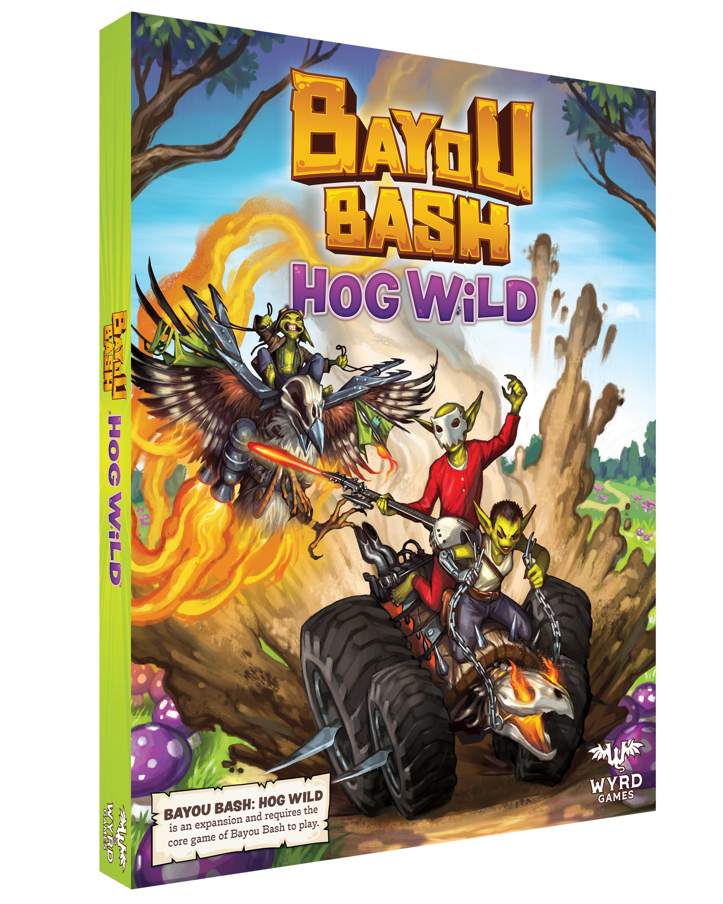 Cover for Bayou Bash: Hog Wild. Green creatures race through a muddy bayou on a flaming monster truck and rocket-bird