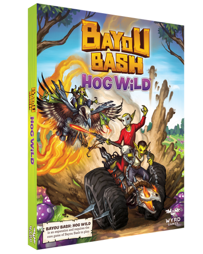 Cover for Bayou Bash: Hog Wild. Green creatures race through a muddy bayou on a flaming monster truck and rocket-bird