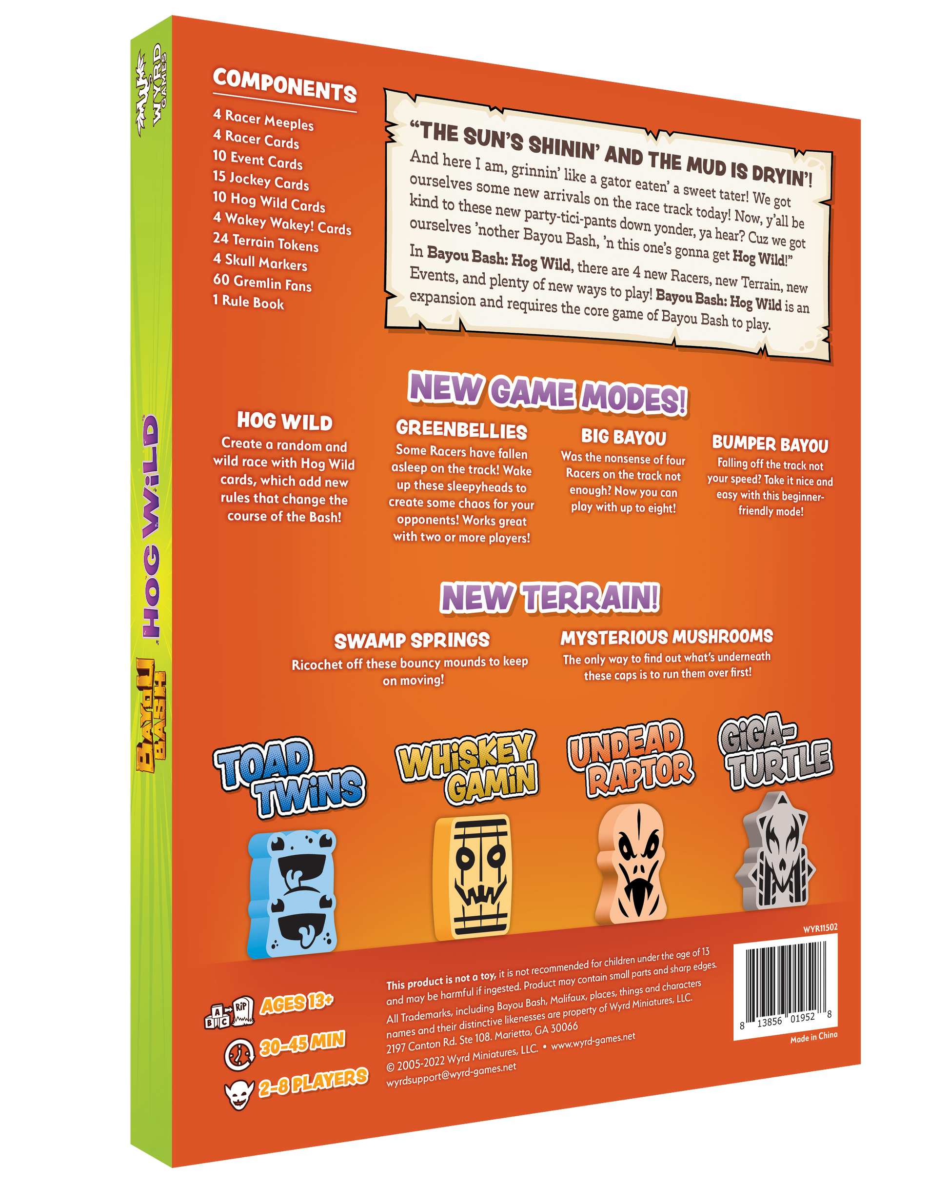 Back of Bayou Bash: Hog Wild board game expansion box with component list, new modes, and character pieces