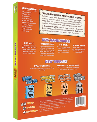 Back of Bayou Bash: Hog Wild board game expansion box with component list, new modes, and character pieces