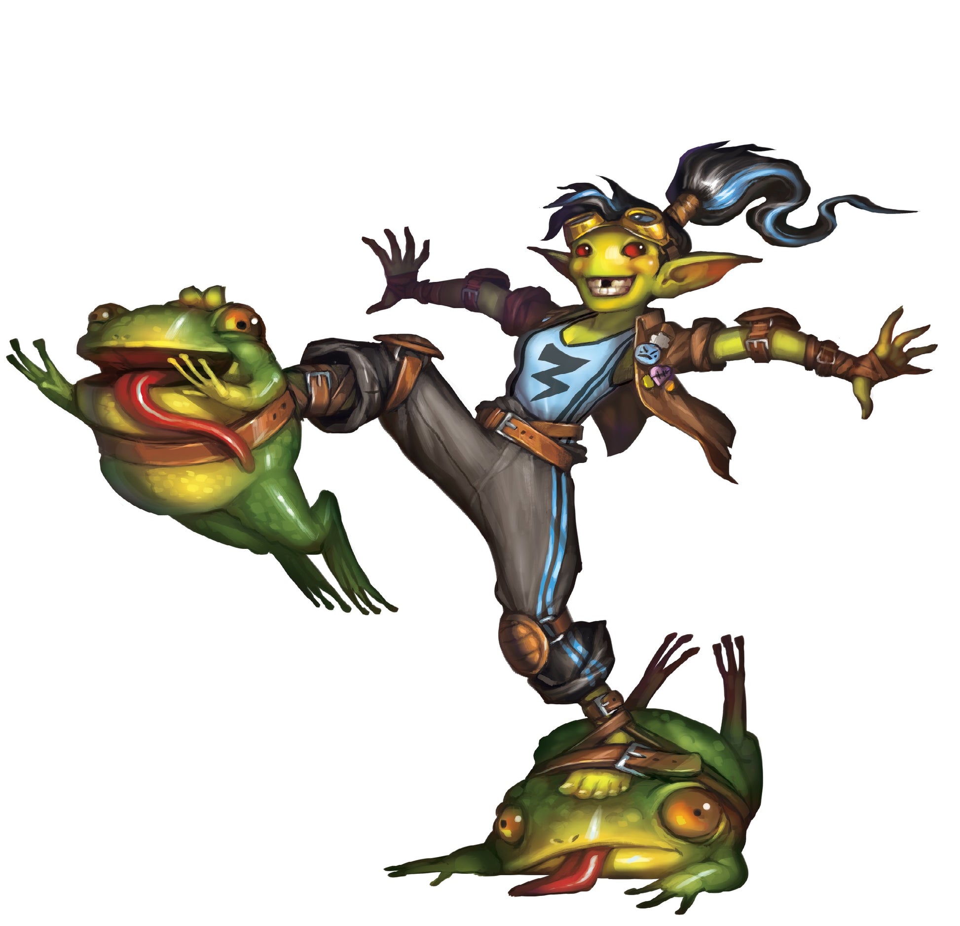 Grinning, goggle-wearing goblin-like character balancing on one frog, kicking another large frog with its tongue out