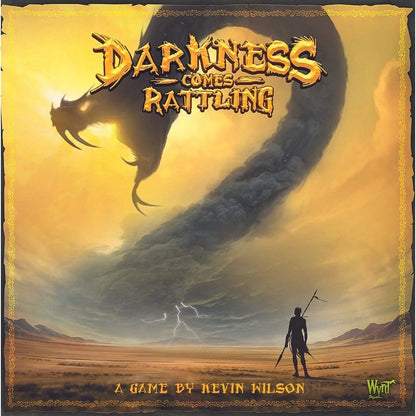 Darkness Comes Rattling game cover: A colossal shadowy dragon emerges from golden storm clouds above a lone desert warrior