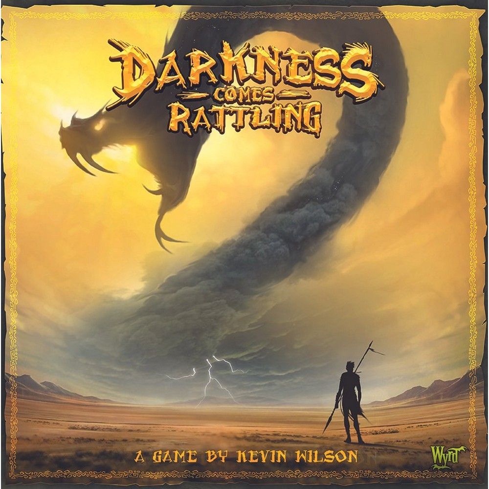 Darkness Comes Rattling game cover: A colossal shadowy dragon emerges from golden storm clouds above a lone desert warrior