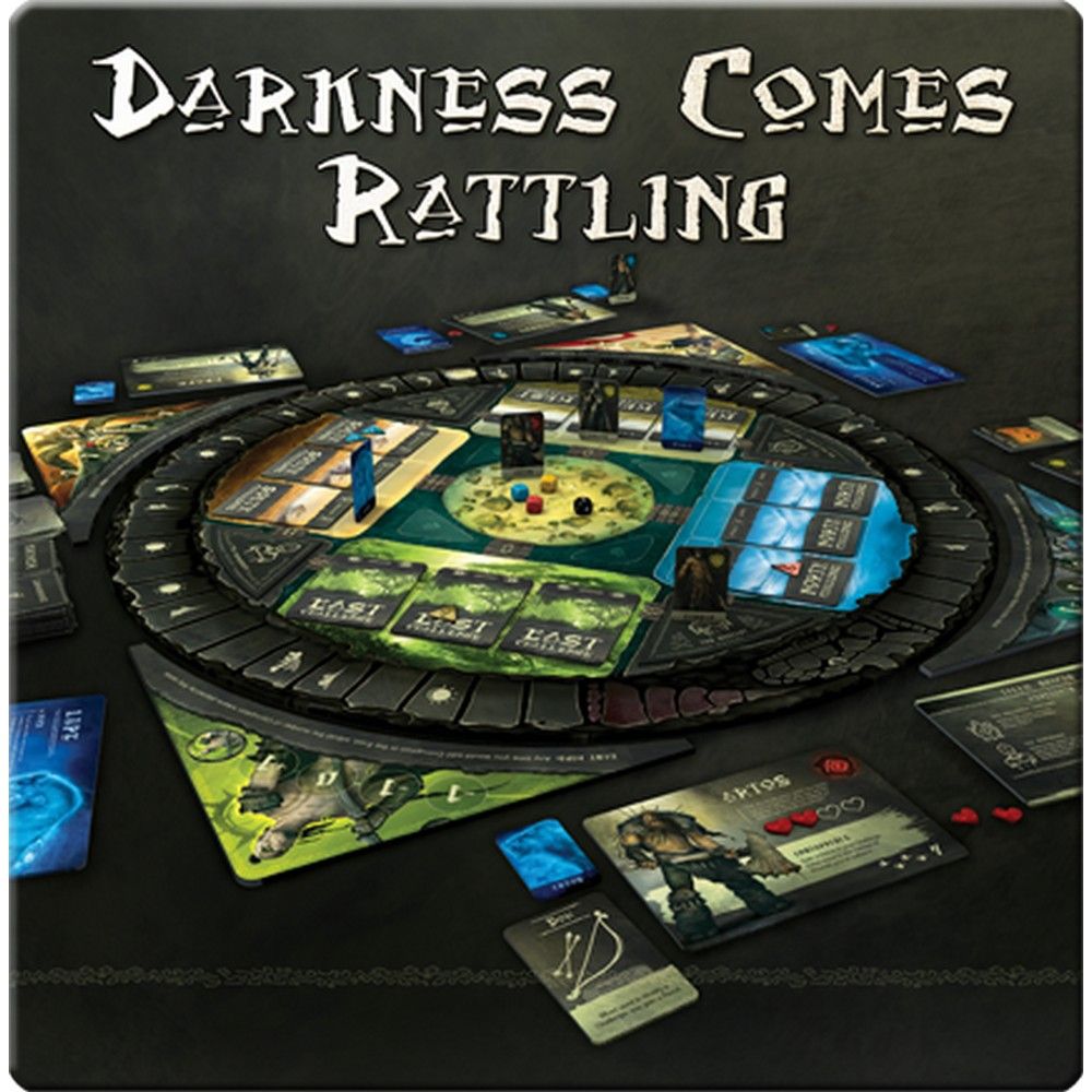 Darkness Comes Rattling board game set up, showing its circular board, cards, and player pieces