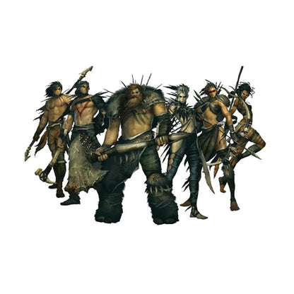 Six diverse fantasy tribal warriors, armed with axes, spears, and bows