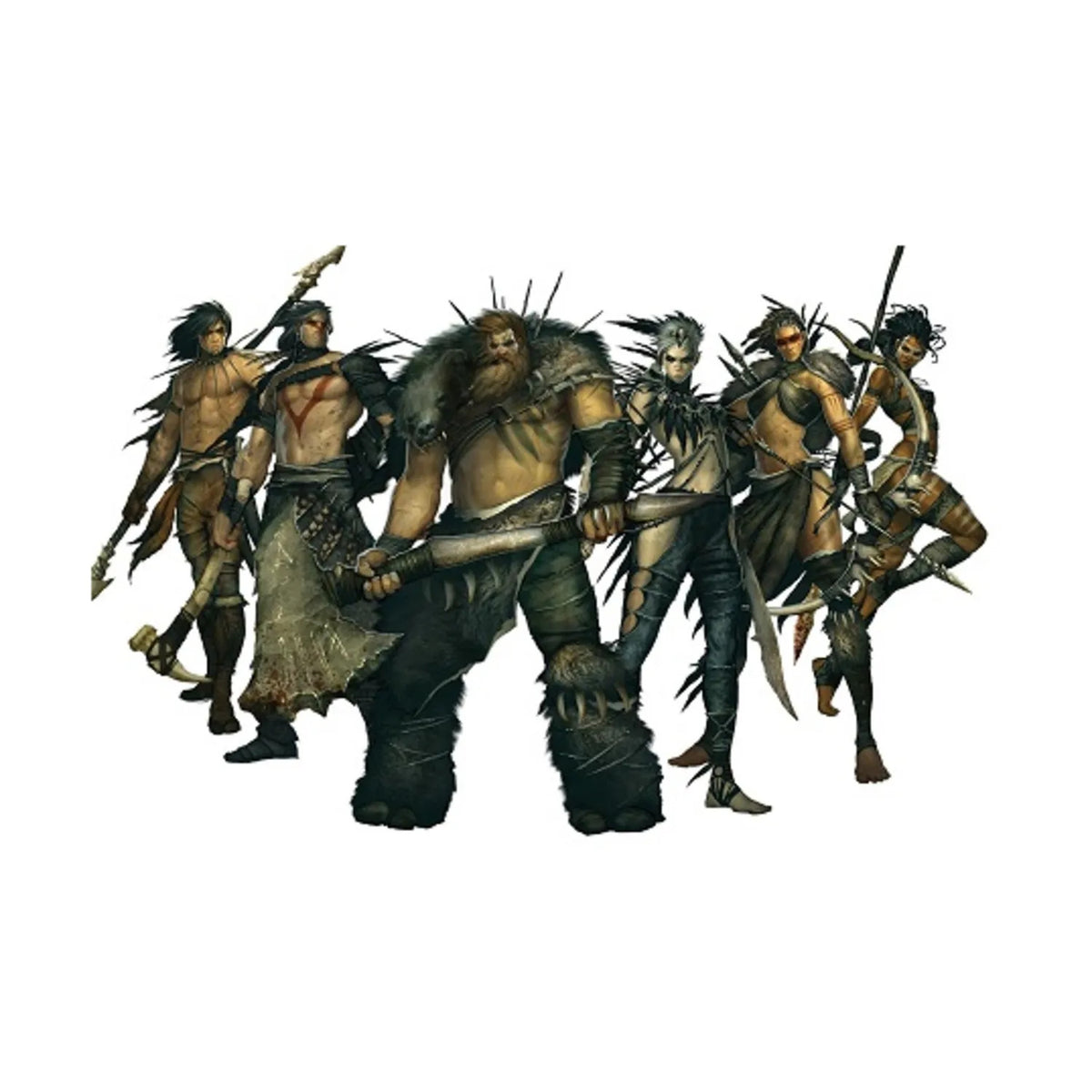 Six diverse fantasy tribal warriors, armed with axes, spears, and bows