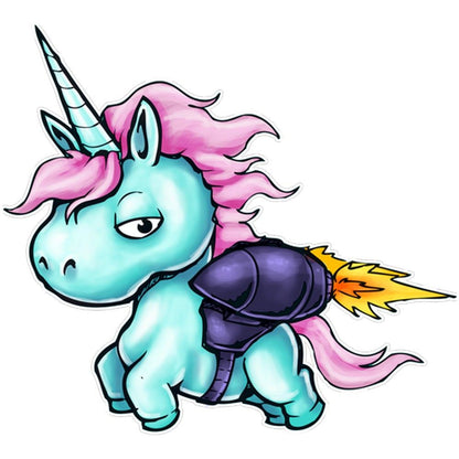 Cartoon unicorn with pink mane and a half-closed eye, wearing a firing purple rocket pack