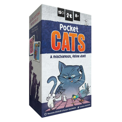 Pocket CATS game box: A mischievous grey cat eyes small mice and a bird, representing 'A mischievous, feline duel!'