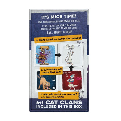 Board game box cover for "It's Mice Time!", illustrating game rules: cats hunt mice, dogs hunt cats