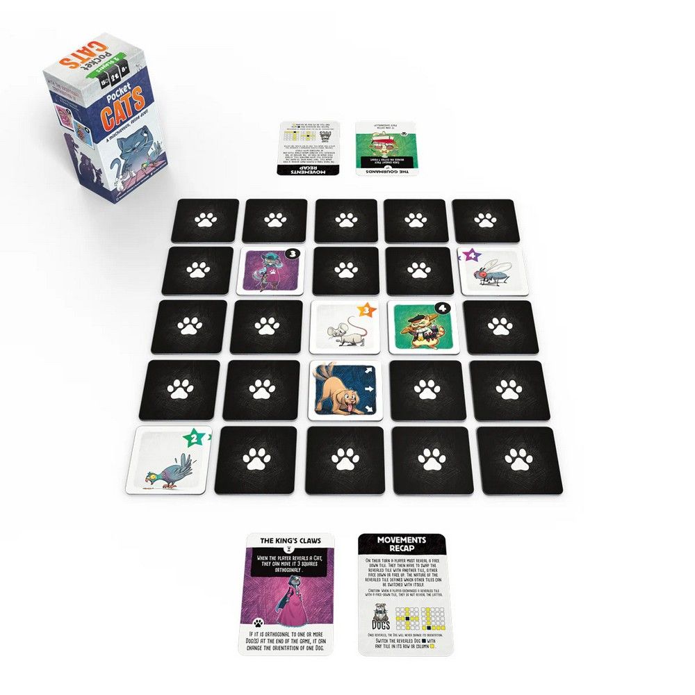 Pocket Cats board game laid out. Box, grid of black paw print tiles, some revealed with cats, a mouse, dog, and rule cards