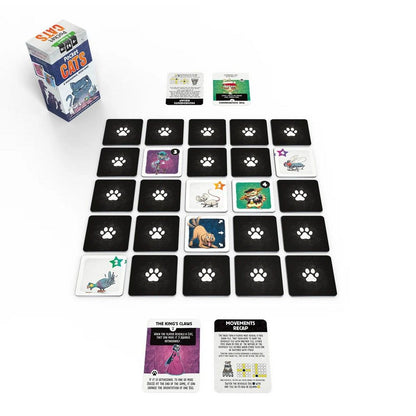 Pocket Cats board game laid out. Box, grid of black paw print tiles, some revealed with cats, a mouse, dog, and rule cards