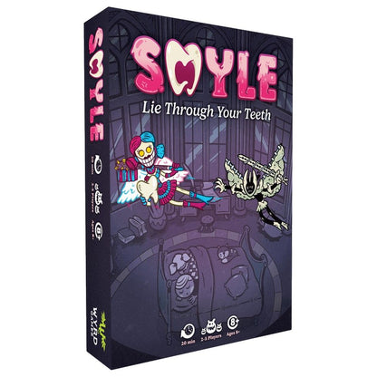 Smyle: Lie Through Your Teeth board game box. Cartoon art features mischievous characters (girl with tooth, flying monster) above sleeping children.