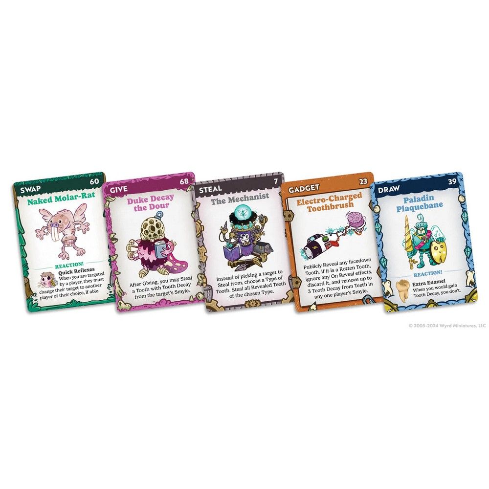Five colorful, overlapping fantasy game cards featuring dental-themed characters and items, displayed in a row