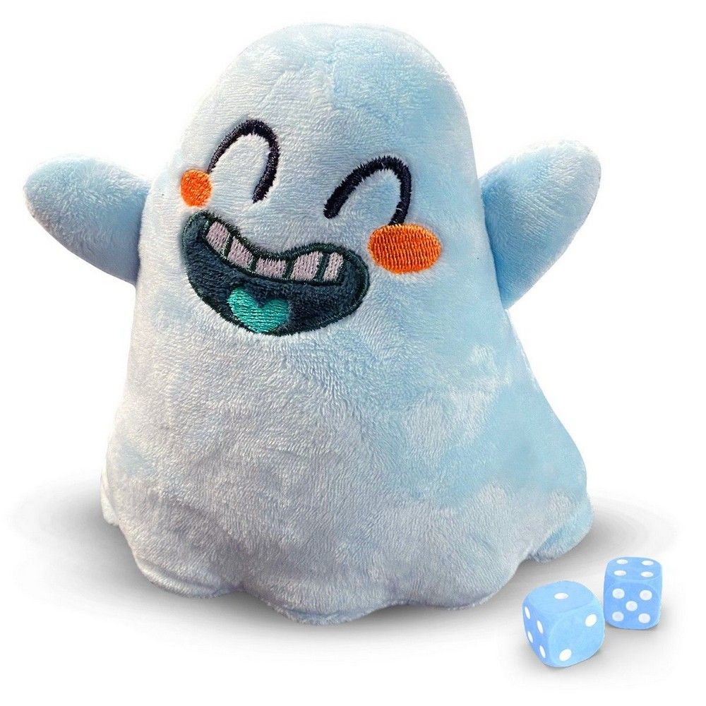 A smiling light blue ghost plush with orange cheeks and a green tongue, next to two blue dice