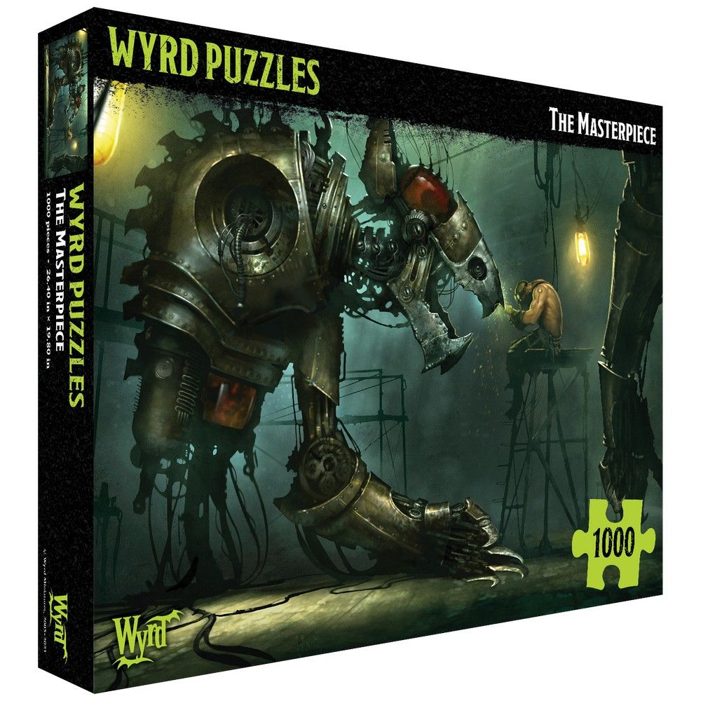 Wyrd Puzzles box: A man welds the head of a massive, intricate steampunk mechanical beast in a dark, industrial setting