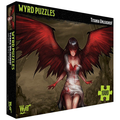 Wyrd Puzzles 'Titania Unleashed!' box, featuring a bloodied woman with large red wings and torn white dress