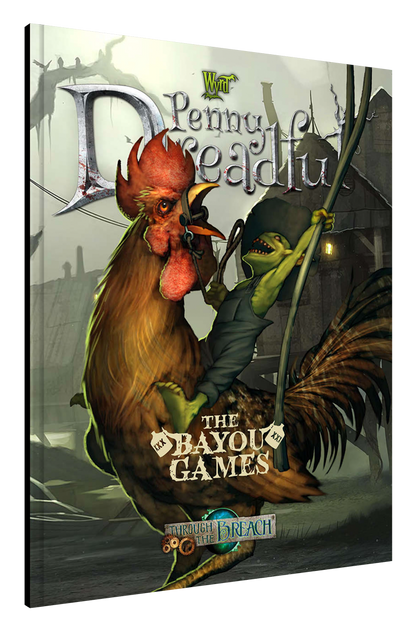 A green goblin rides a fierce brown rooster like a racehorse, holding reins and a pole