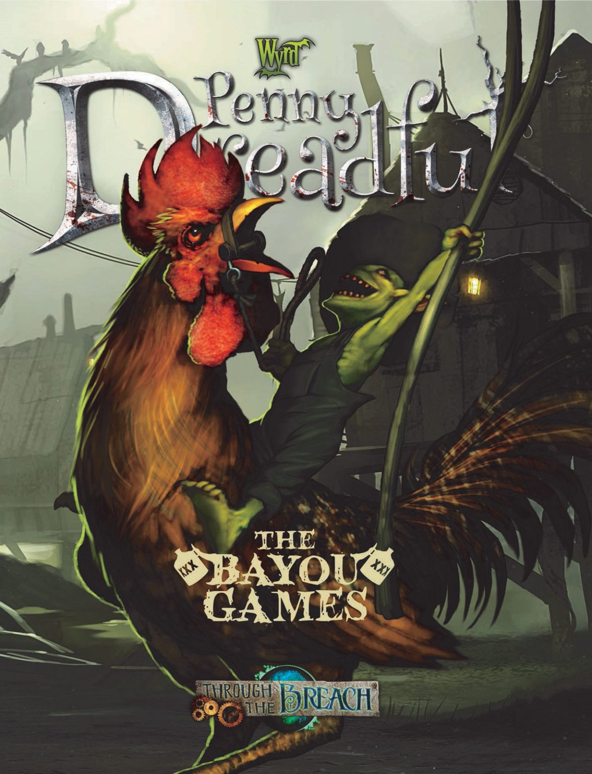 A small green goblin rides a large, bridled rooster and holds a staff, in a dark, swampy bayou