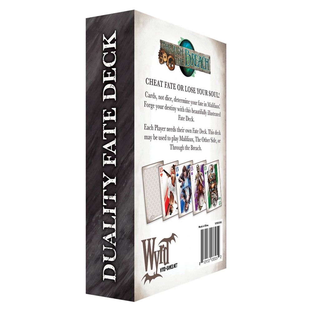 Wyrd Games' Through the Breach Duality Fate Deck box, featuring illustrated game cards and descriptive text