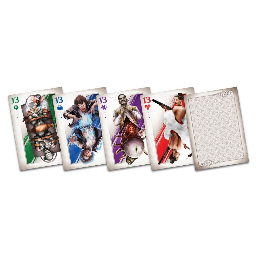 Five unique dark fantasy playing cards. Visible: a bound man, an electric man, a monster, and a woman with a shotgun. One card face down